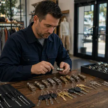 Locksmith rekeying locks at a San Diego retail storefront after staff change