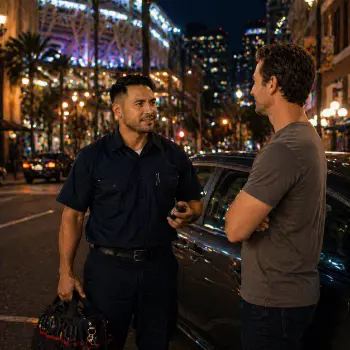 Auto locksmith opening a car near Petco Park in the Gaslamp Quarter San Diego