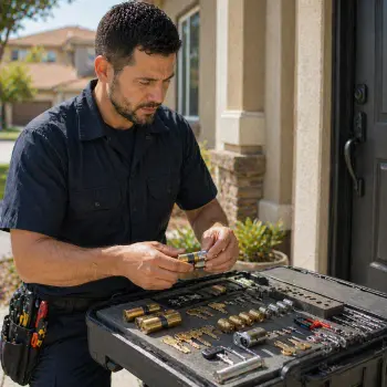 Locksmith rekeying residential locks at a Chula Vista home in San Diego