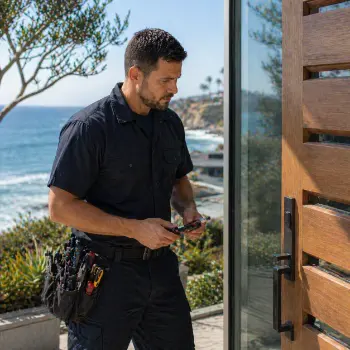 Locksmith working on a coastal home lock in La Jolla near the Cove