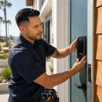 Locksmith installing a smart lock on a Pacific Beach vacation rental property